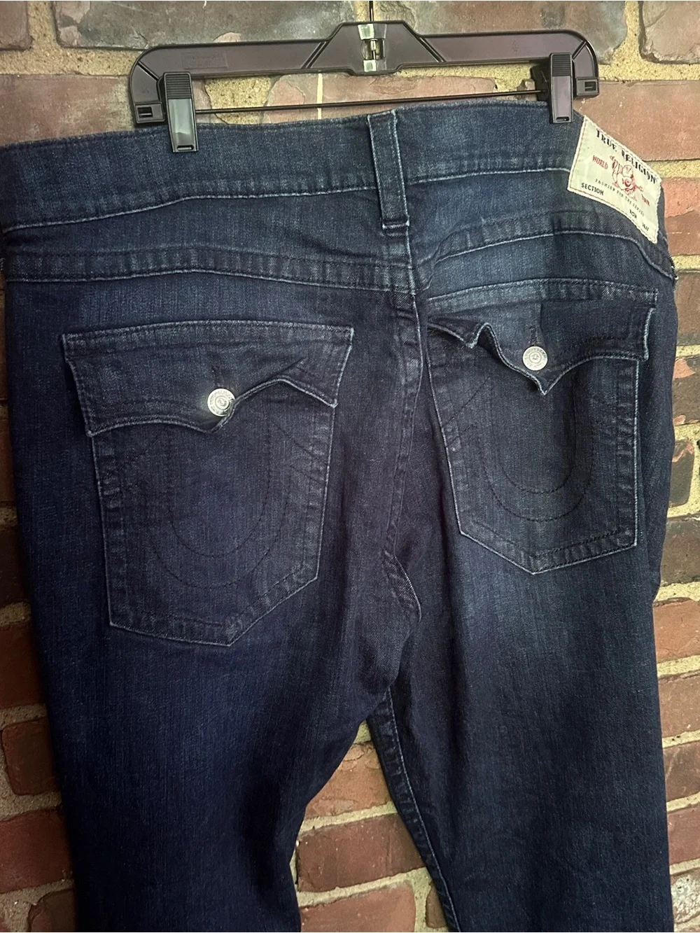 TRUE RELIGION dark wash flap pockets relaxed straight jeans size 42